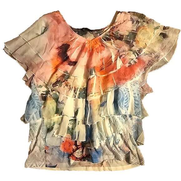 XXL French Bazaar Top Front Floral Multicolor Layers of Ruffles Lined - Picture 1 of 7